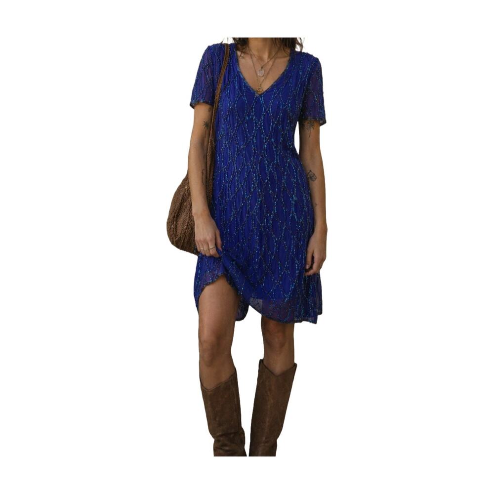 Vintage JMD New York Sapphire Blue Silk Beaded Sequin Dress Size XL 80s 90s Glam